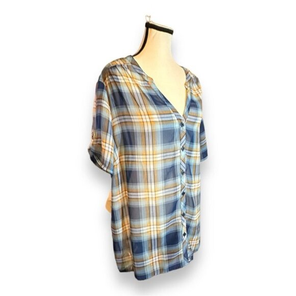 Women’s 2X Blue and Orange Plaid Georgette V Neck Short Sleeve Top 18 20 XXL - Picture 8 of 8